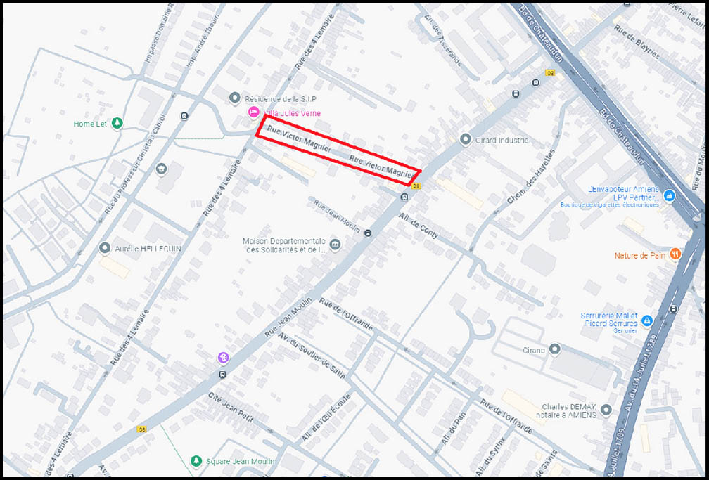 25/11 : Travaux de renouvellement et d'effacement des réseaux rue Victor Magnier à Amiens © Google Maps