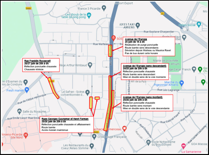 Travaux de nuit à Amiens Nord : réfection de la chaussée sur diverses zones dégradées  