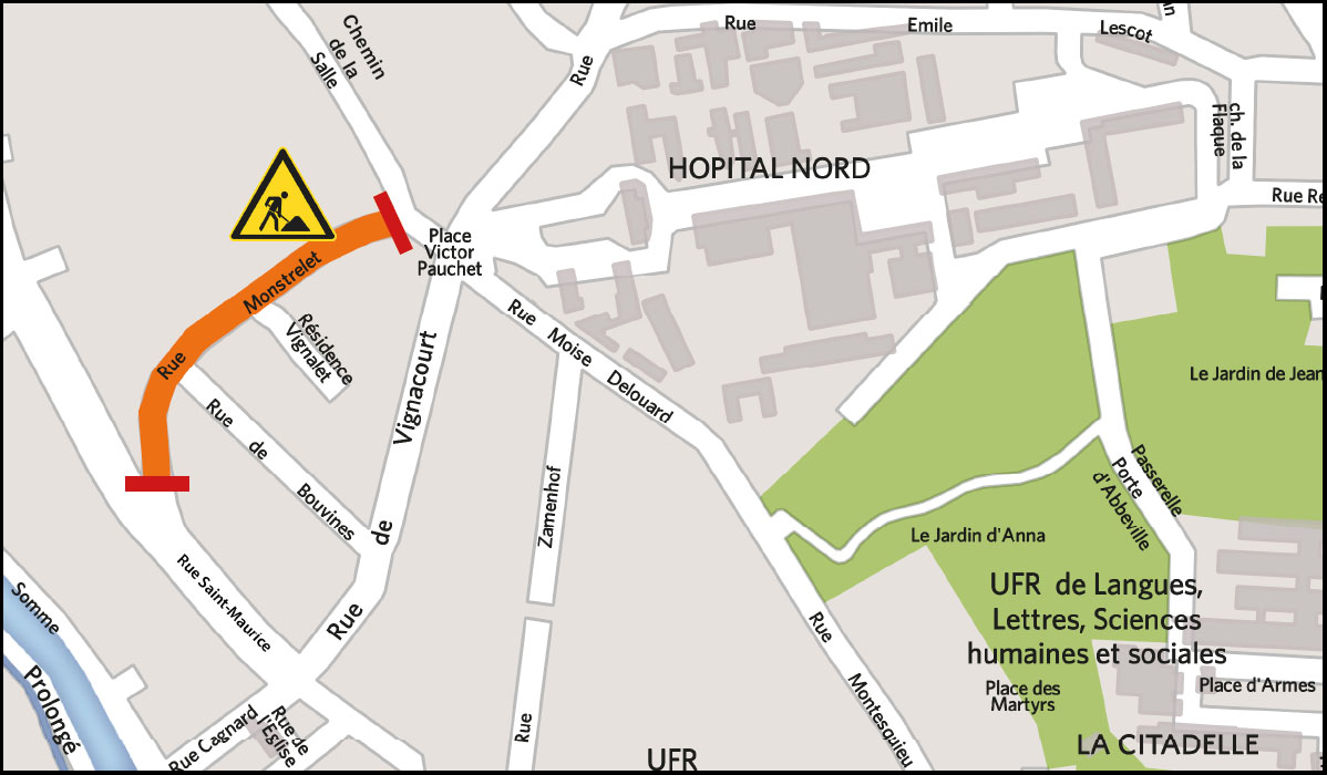 02/06 : travaux de remplacement des conduites et branchements en eau potable rue Monstrelet à Amiens © Google Maps 02/06 : travaux de remplacement des conduites et branchements en eau potable rue Monstrelet à Amiens © Google Maps
