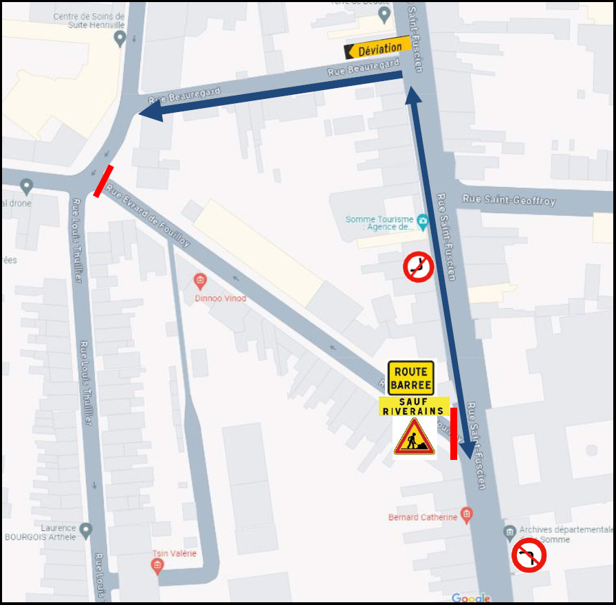 26/05 : Travaux de réhabilitation du réseau d'eaux usées rue Evrard de Fouilloy à Amiens © Google Maps