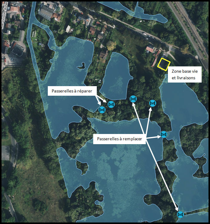 Travaux de réhabilitation des passerelles du marais des 3 vaches à Amiens © Google Maps