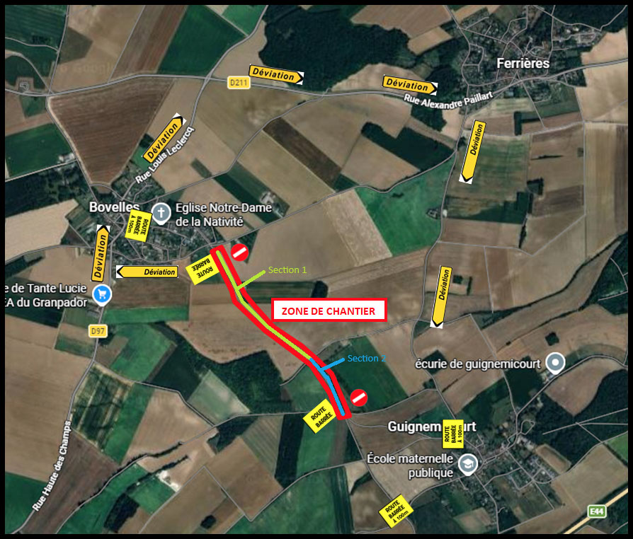 Travaux de réfection de la chaussée, liaison Guignemicourt / Bovelles © Google maps