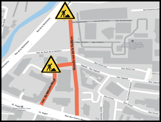 Travaux de remplacement de la conduite et des branchements d'eau potable Grande rue de la Veillière et rue Moulin Neuf à Amiens © Google Maps