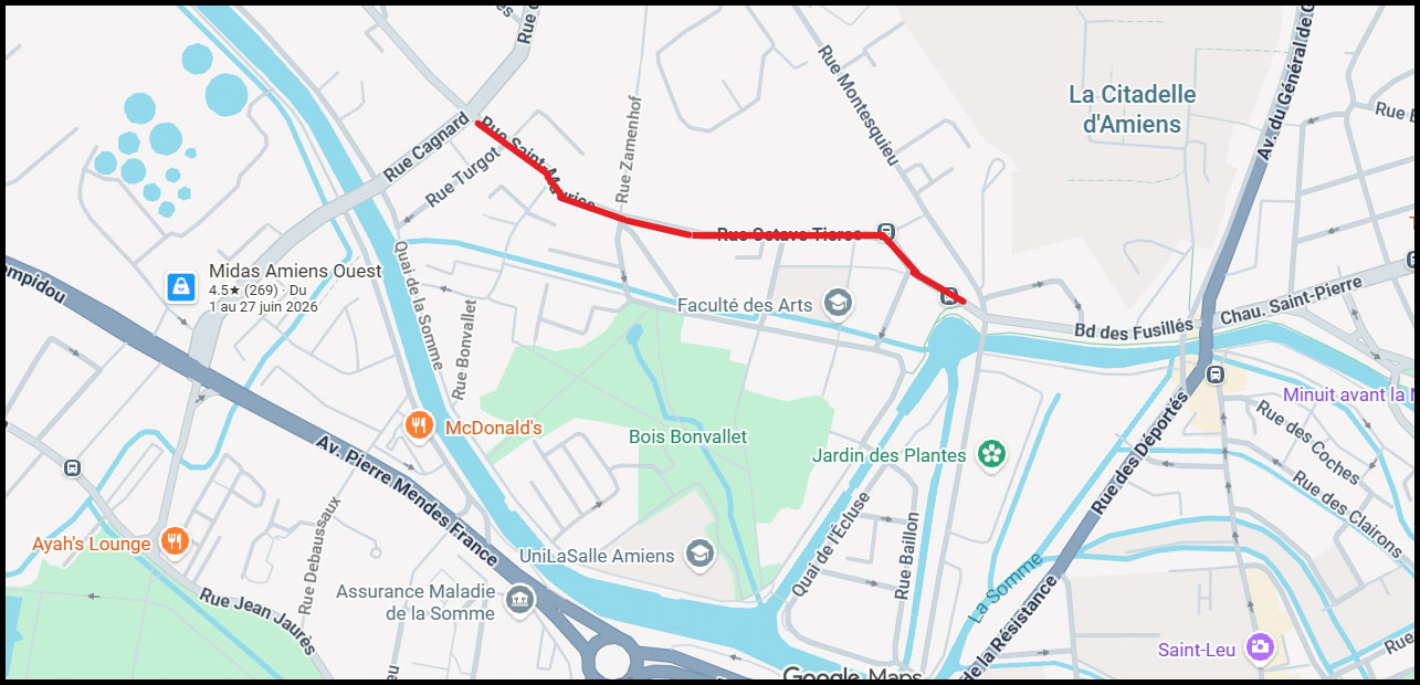Travaux de remplacement de la conduite et des branchements d'eau potable rue Saint-Maurice et rue Octave Tierce à Amiens © Google Maps