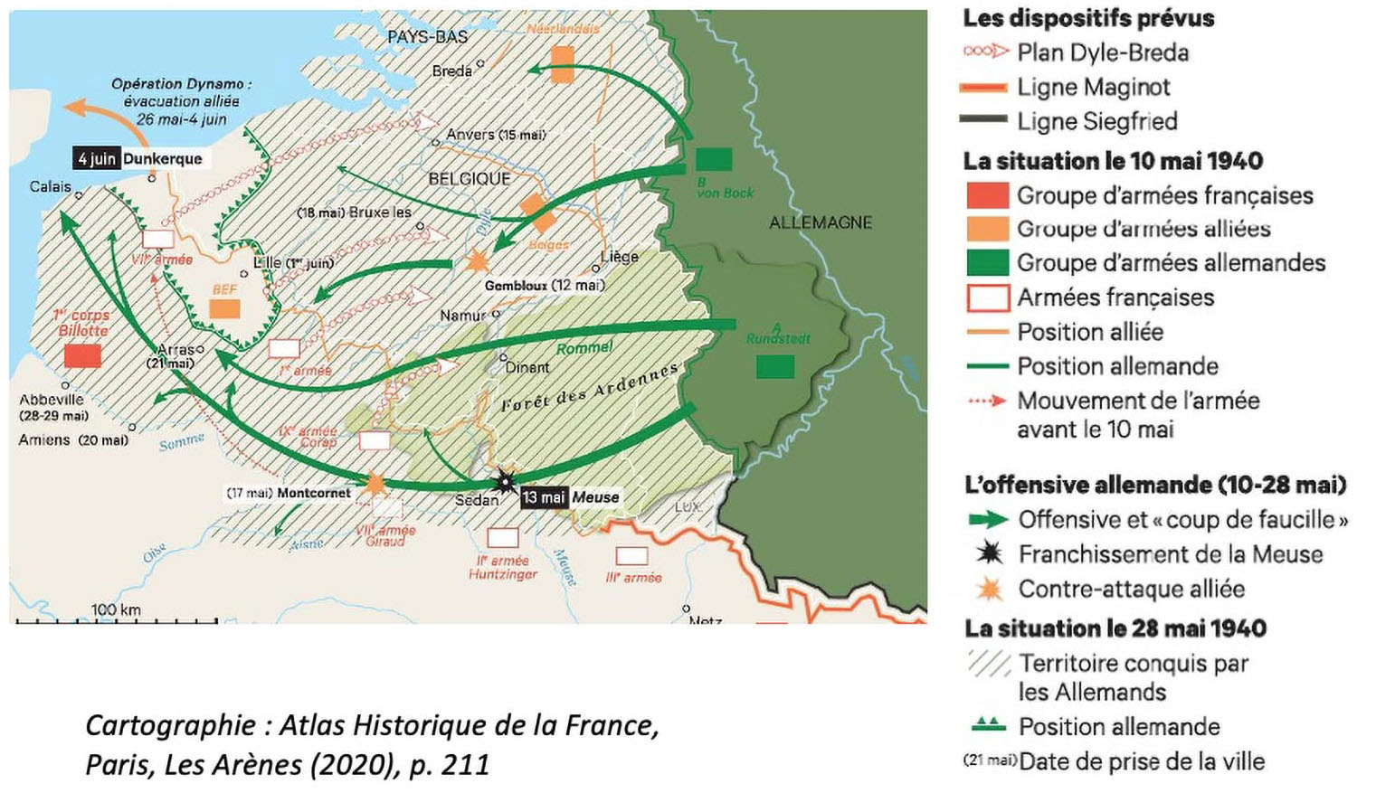 Le "coup de faucille" (10-28 mai 1940) © Atlas Historique de la France, Paris, Les Arènes (2020), p. 211