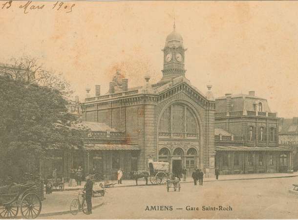 Façade de la Gare Saint-Roch, à Amiens, carte postale, 13 mars 1905 © Archives municipales et communautaires d'Amiens_10Z3575