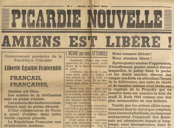 Premier numéro du journal local Picardie Nouvelle, édition du 31 août 1944 © Archives municipales et communautaires d'Amiens_PER_PN_01