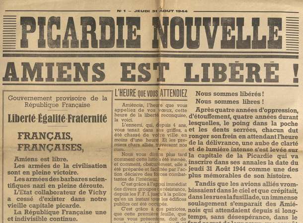 Premier numéro du journal local Picardie Nouvelle, édition du 31 août 1944 © Archives municipales et communautaires d'Amiens_PER_PN_01 Premier numéro du journal local Picardie Nouvelle, édition du 31 août 1944 © Archives municipales et communautaires d'Amiens_PER_PN_01