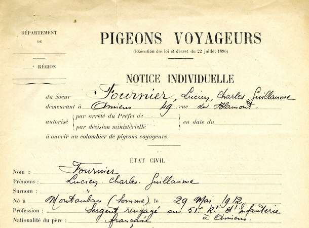 Notice individuelle de pigeons voyageurs © Archives municipales et communautaires d'Amiens, 2H35