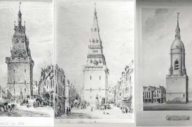 Evolutions architecturales du Beffroi d’Amiens depuis le XVIe siècle jusqu’à nos jours. © Archives municipales et communautaires d'Amiens, 34Fi816-819