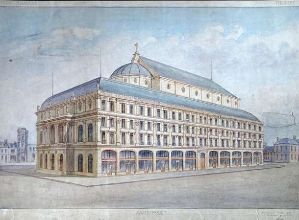 Avant-projet pour le théâtre dessiné par l’architecte de la ville Louis Leullier, le 30 mai 1870. © Archives municipales et communautaires d'Amiens_19Fi610