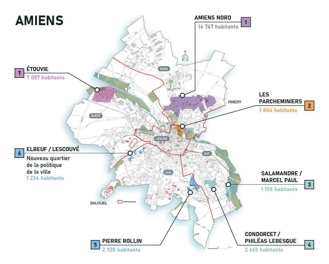 Carte des 7 quartiers prioritaires d'Amiens Métropole